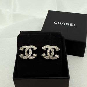 Chanel Large Crystal CC Logo Silver Statement Earrings